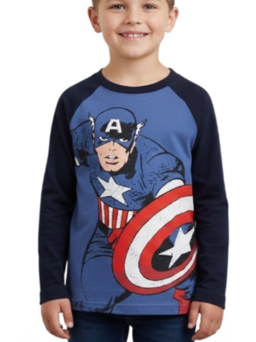 Marvel Captain America Boys Size 4 Raglan Long Sleeve Shirt 100% Cotton Blue NWT